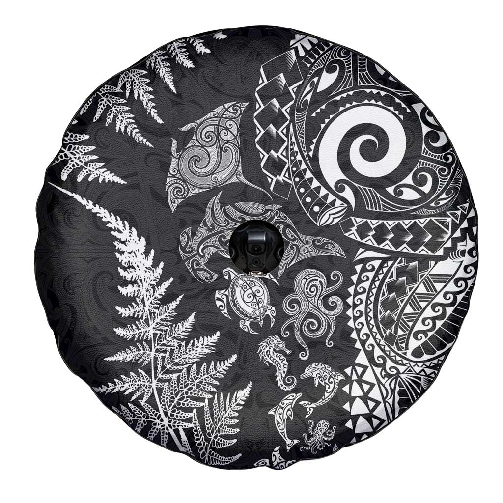 New Zealand Sea Animals Spare Tire Cover with Maori Koru Tribal Tattoo and Silver Ferns Black Color