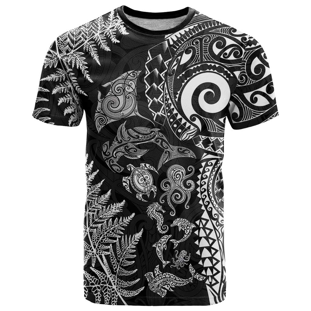 New Zealand Sea Animals T Shirt with Maori Koru Tribal Tattoo and Silver Ferns Black Color