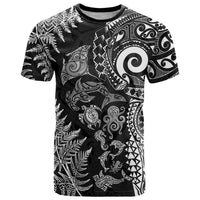 New Zealand Sea Animals T Shirt with Maori Koru Tribal Tattoo and Silver Ferns Black Color