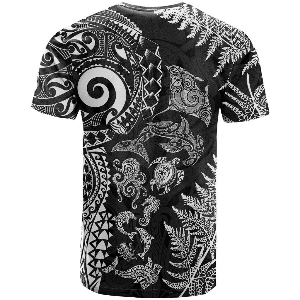 New Zealand Sea Animals T Shirt with Maori Koru Tribal Tattoo and Silver Ferns Black Color