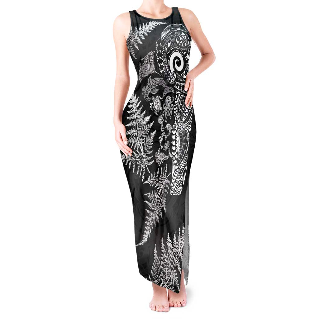 New Zealand Sea Animals Tank Maxi Dress with Maori Koru Tribal Tattoo and Silver Ferns Black Color