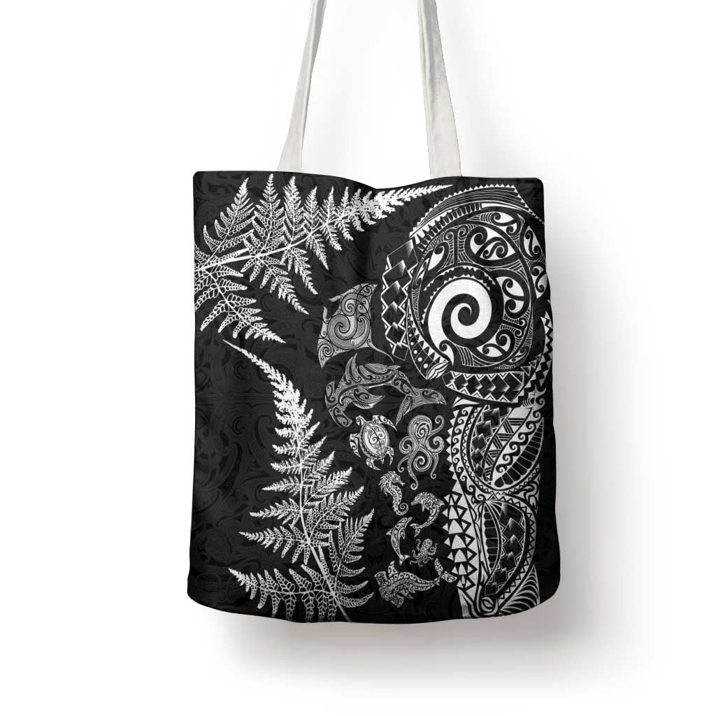 New Zealand Sea Animals Tote Bag with Maori Koru Tribal Tattoo and Silver Ferns Black Color