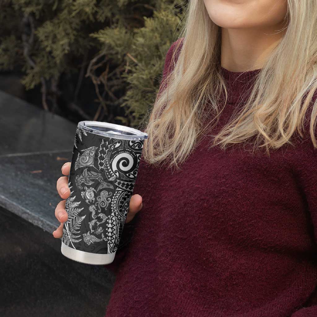 New Zealand Sea Animals Tumbler Cup with Maori Koru Tribal Tattoo and Silver Ferns Black Color
