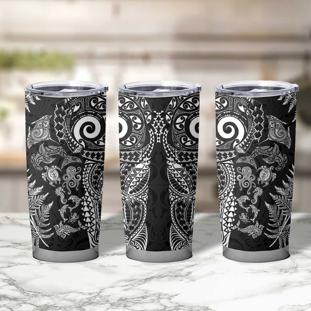 New Zealand Sea Animals Tumbler Cup with Maori Koru Tribal Tattoo and Silver Ferns Black Color