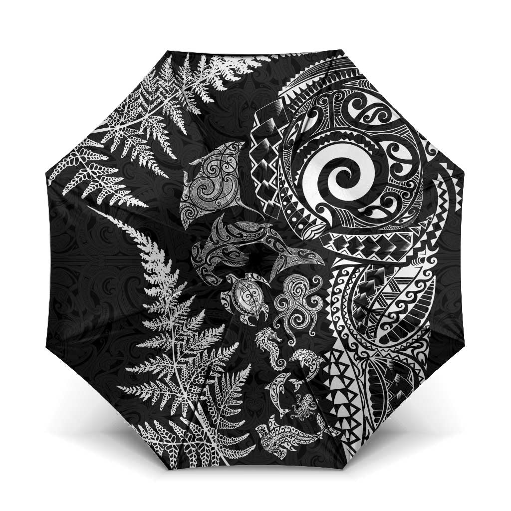 New Zealand Sea Animals Umbrella with Maori Koru Tribal Tattoo and Silver Ferns Black Color