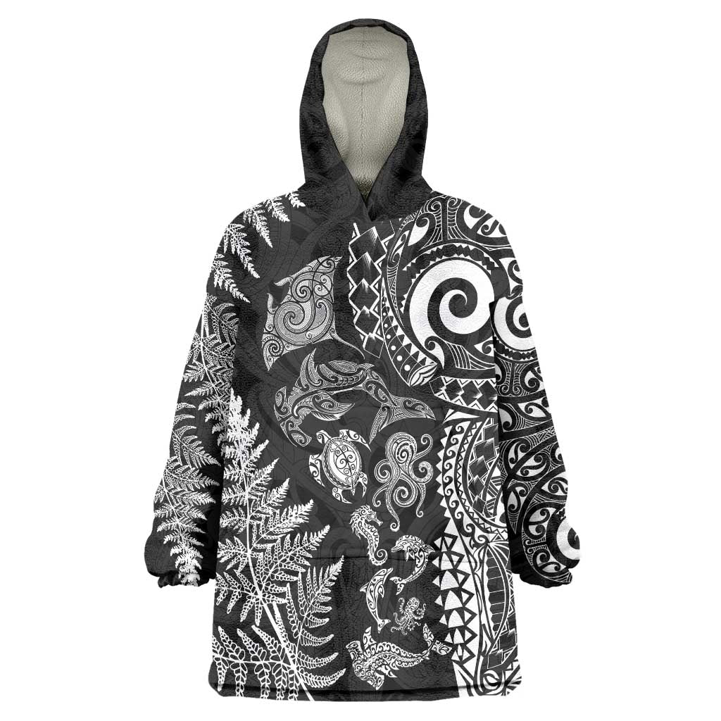 New Zealand Sea Animals Wearable Blanket Hoodie with Maori Koru Tribal Tattoo and Silver Ferns Black Color
