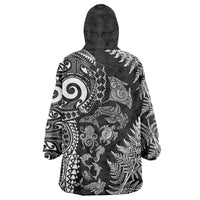 New Zealand Sea Animals Wearable Blanket Hoodie with Maori Koru Tribal Tattoo and Silver Ferns Black Color