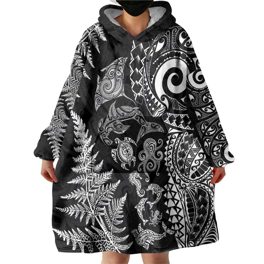 New Zealand Sea Animals Wearable Blanket Hoodie with Maori Koru Tribal Tattoo and Silver Ferns Black Color