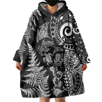 New Zealand Sea Animals Wearable Blanket Hoodie with Maori Koru Tribal Tattoo and Silver Ferns Black Color