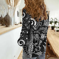 New Zealand Sea Animals Women Casual Shirt with Maori Koru Tribal Tattoo and Silver Ferns Black Color