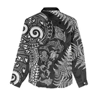 New Zealand Sea Animals Women Casual Shirt with Maori Koru Tribal Tattoo and Silver Ferns Black Color