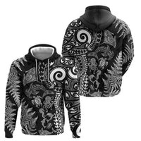 New Zealand Sea Animals Zip Hoodie with Maori Koru Tribal Tattoo and Silver Ferns Black Color