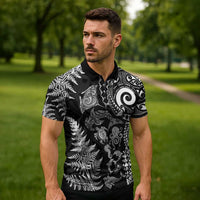 New Zealand Sea Animals Zipper Polo Shirt with Maori Koru Tribal Tattoo and Silver Ferns Black Color