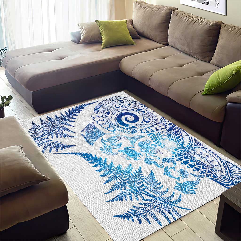 New Zealand Sea Animals Area Rug with Maori Koru Tribal Tattoo and Silver Ferns Galaxy Style