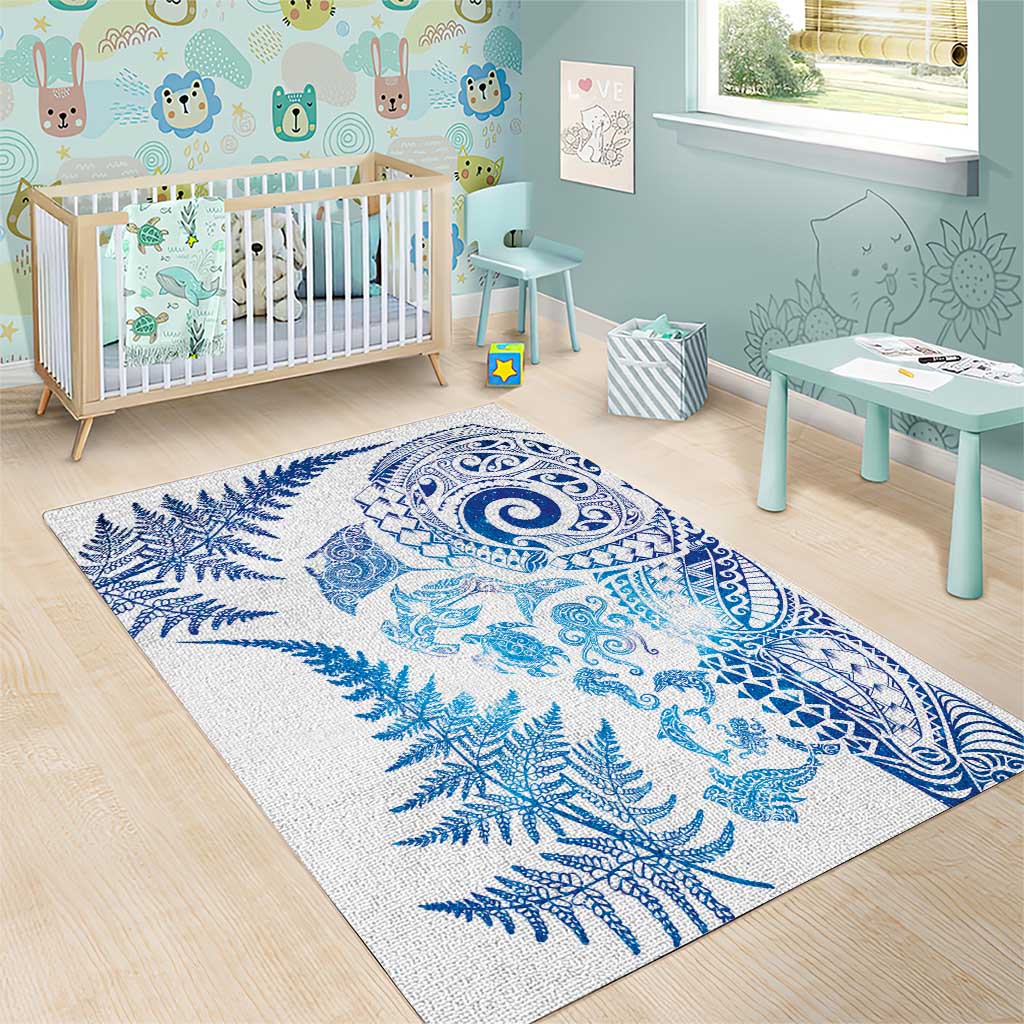 New Zealand Sea Animals Area Rug with Maori Koru Tribal Tattoo and Silver Ferns Galaxy Style