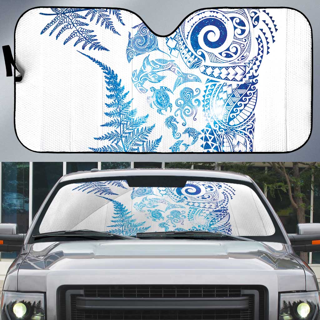 New Zealand Sea Animals Auto Sun Shade with Maori Koru Tribal Tattoo and Silver Ferns Galaxy Style
