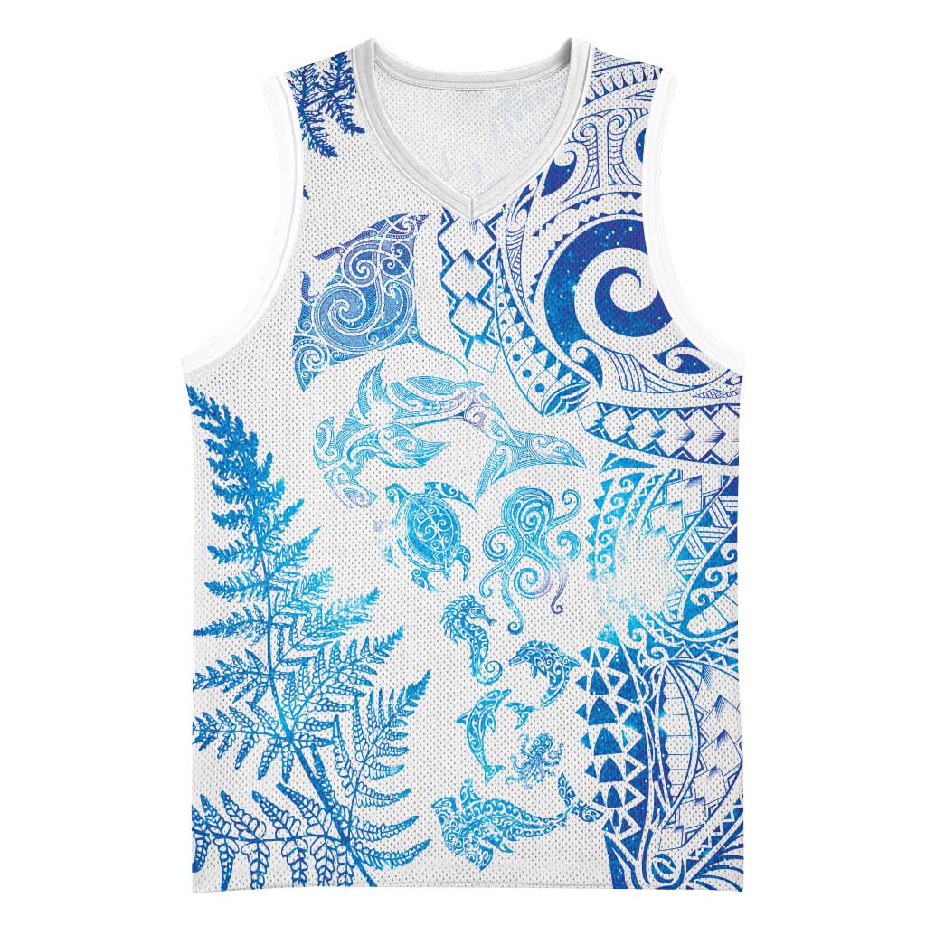 New Zealand Sea Animals Basketball Jersey with Maori Koru Tribal Tattoo and Silver Ferns Galaxy Style