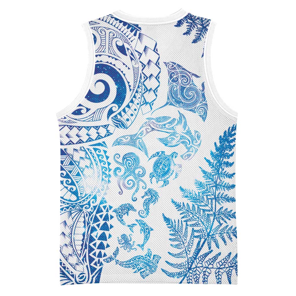 New Zealand Sea Animals Basketball Jersey with Maori Koru Tribal Tattoo and Silver Ferns Galaxy Style