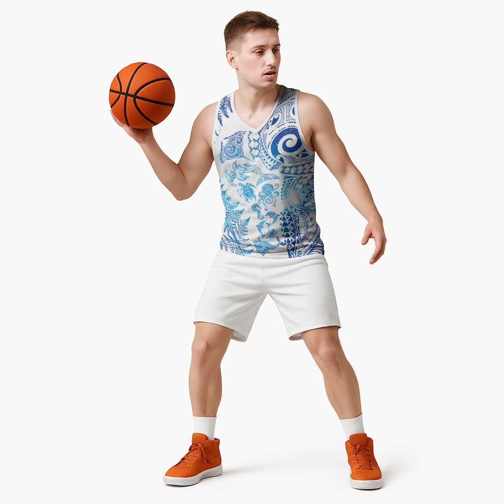 New Zealand Sea Animals Basketball Jersey with Maori Koru Tribal Tattoo and Silver Ferns Galaxy Style