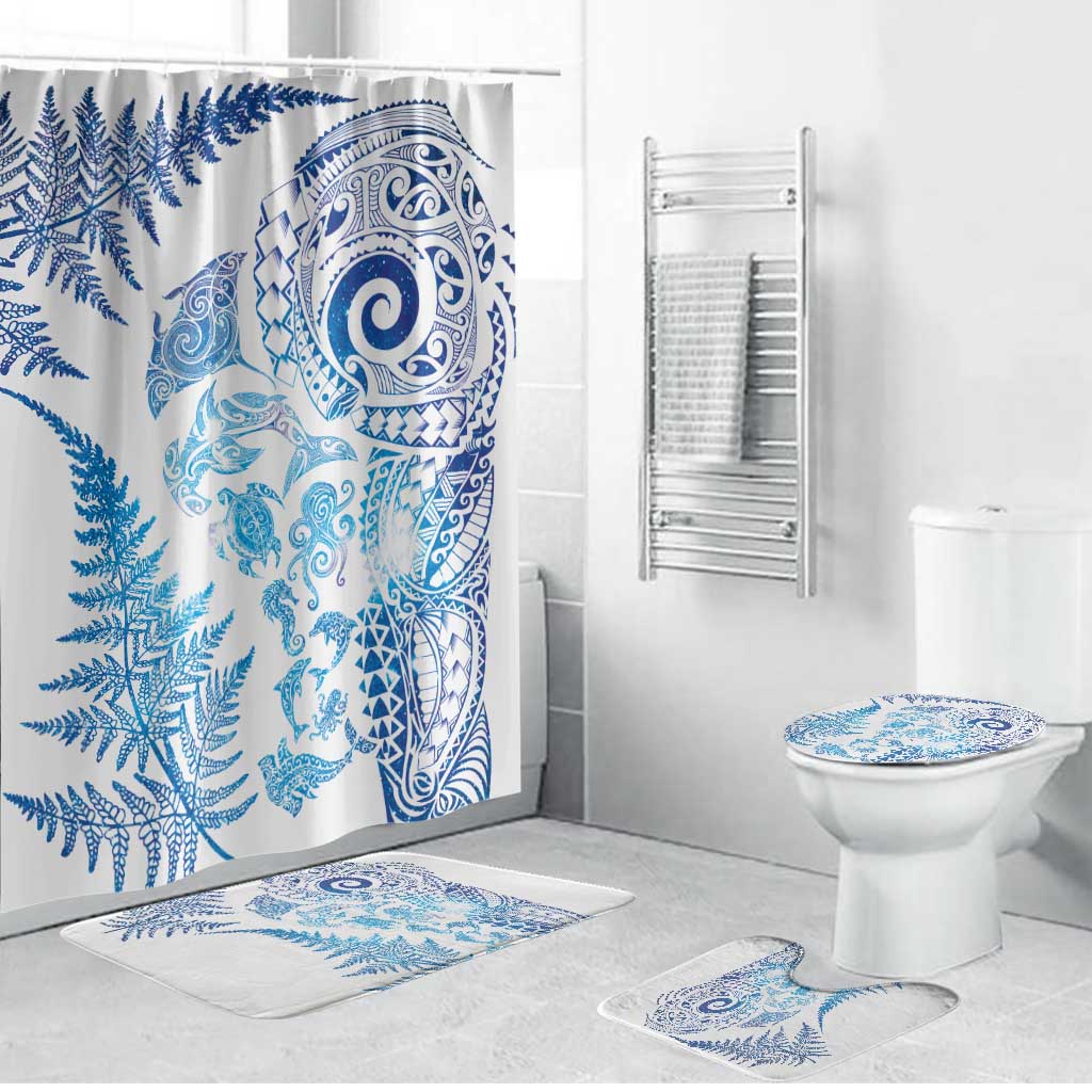 New Zealand Sea Animals Bathroom Set with Maori Koru Tribal Tattoo and Silver Ferns Galaxy Style