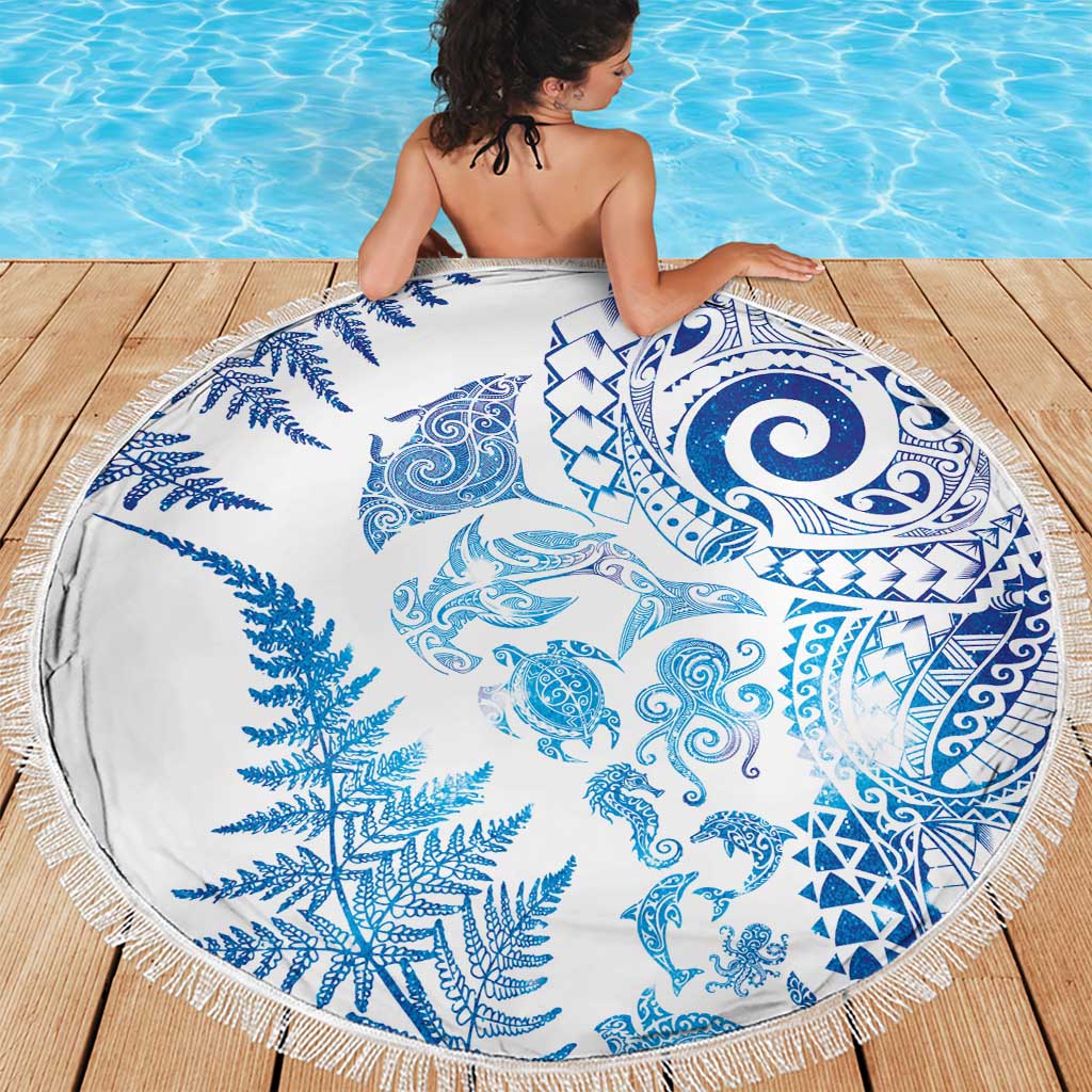 New Zealand Sea Animals Beach Blanket with Maori Koru Tribal Tattoo and Silver Ferns Galaxy Style