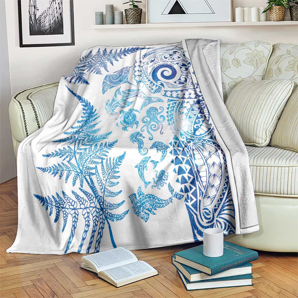 New Zealand Sea Animals Blanket with Maori Koru Tribal Tattoo and Silver Ferns Galaxy Style