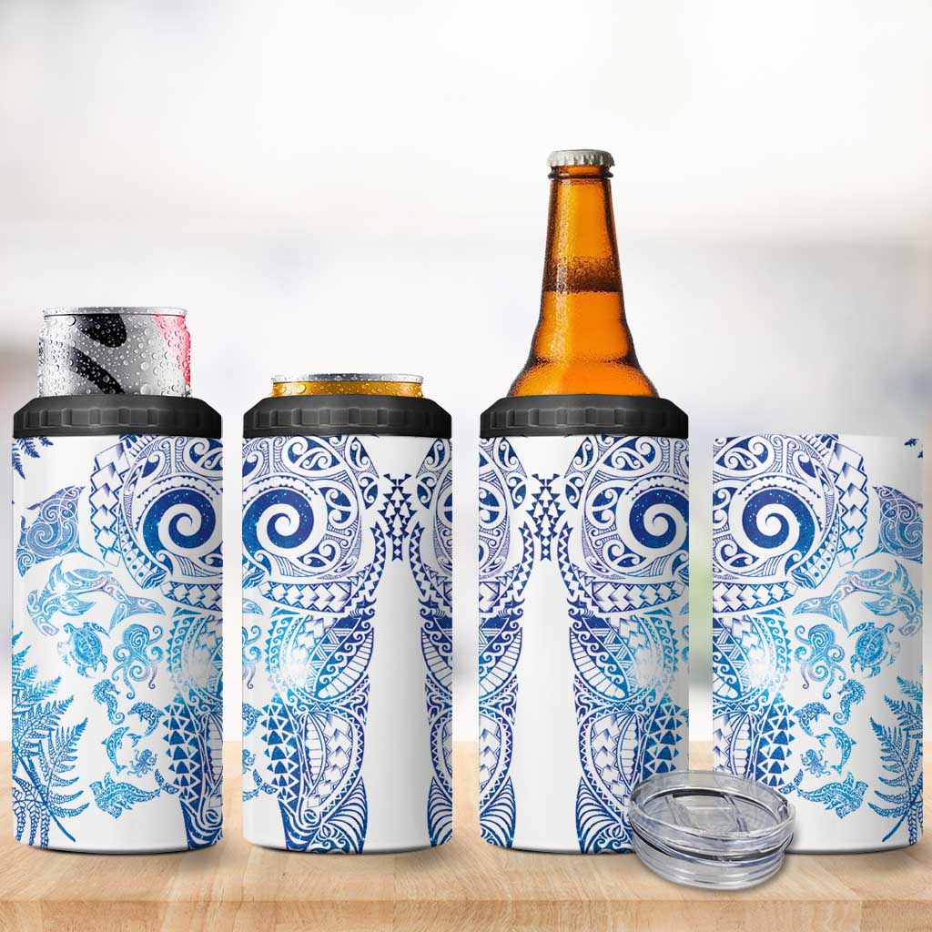 New Zealand Sea Animals 4 in 1 Can Cooler Tumbler with Maori Koru Tribal Tattoo and Silver Ferns Galaxy Style