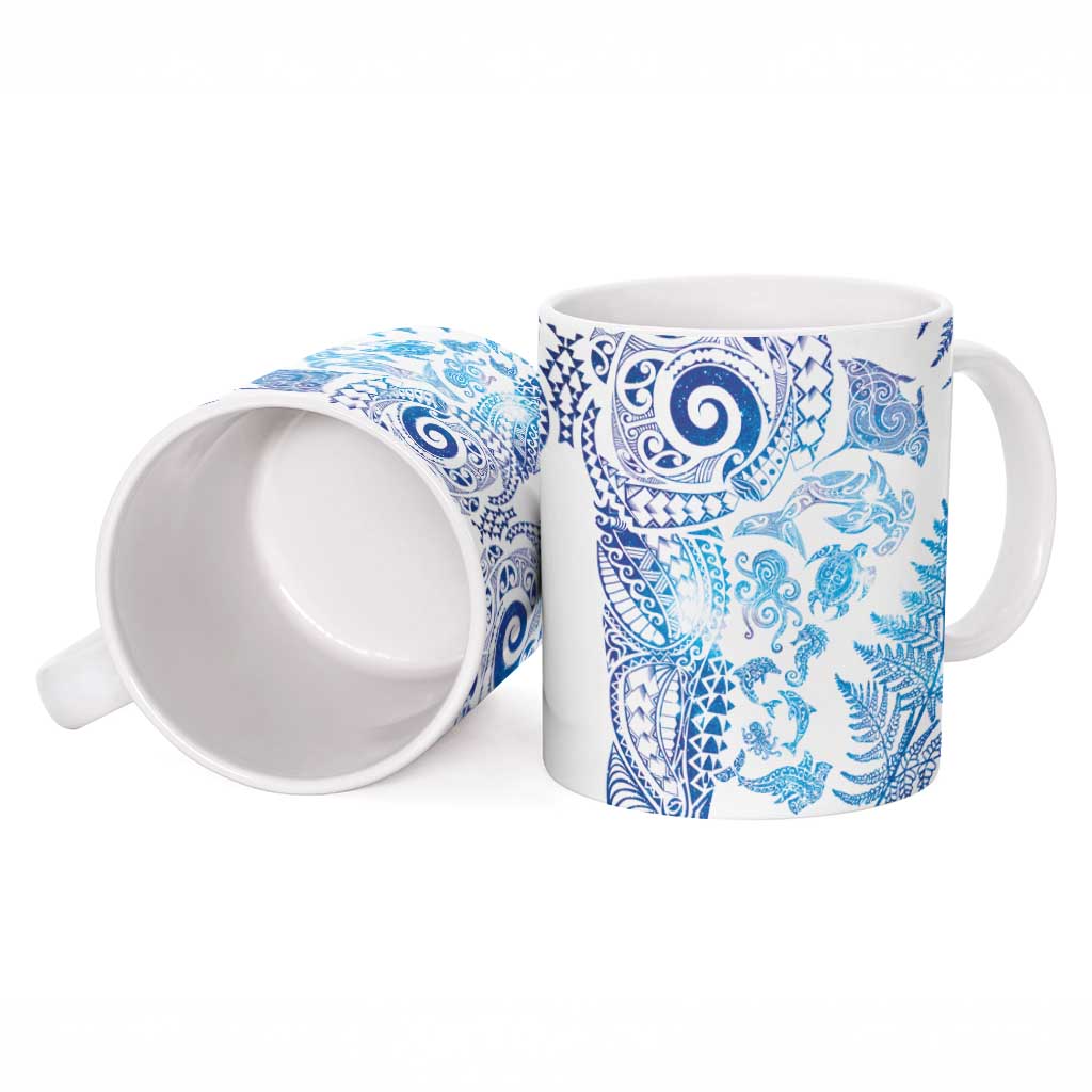 New Zealand Sea Animals Ceramic Mug with Maori Koru Tribal Tattoo and Silver Ferns Galaxy Style