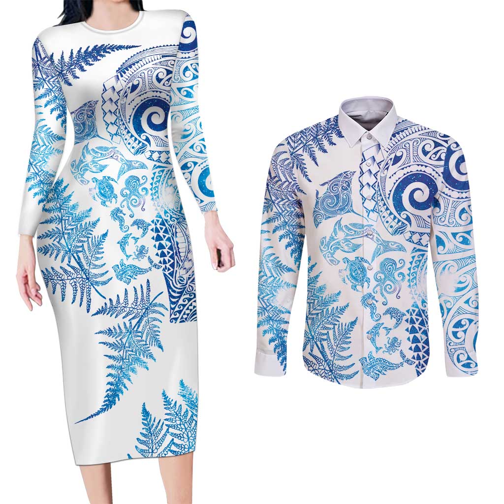 New Zealand Sea Animals Couples Matching Long Sleeve Bodycon Dress and Long Sleeve Button Shirt with Maori Koru Tribal Tattoo and Silver Ferns Galaxy Style