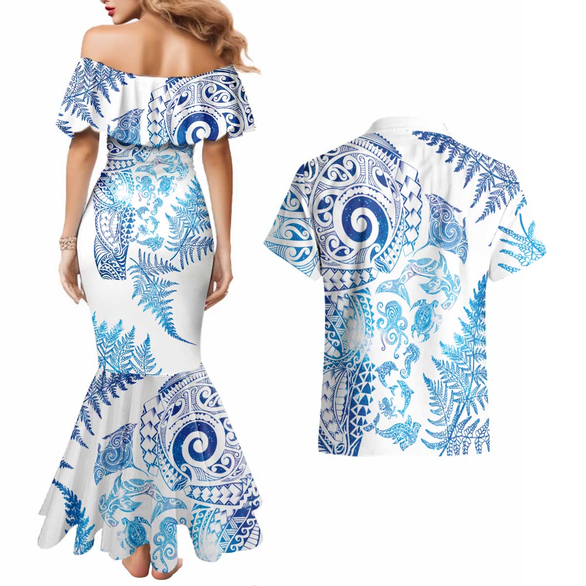 New Zealand Sea Animals Couples Matching Mermaid Dress and Hawaiian Shirt with Maori Koru Tribal Tattoo and Silver Ferns Galaxy Style