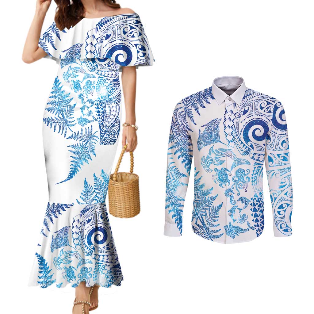 New Zealand Sea Animals Couples Matching Mermaid Dress and Long Sleeve Button Shirt with Maori Koru Tribal Tattoo and Silver Ferns Galaxy Style