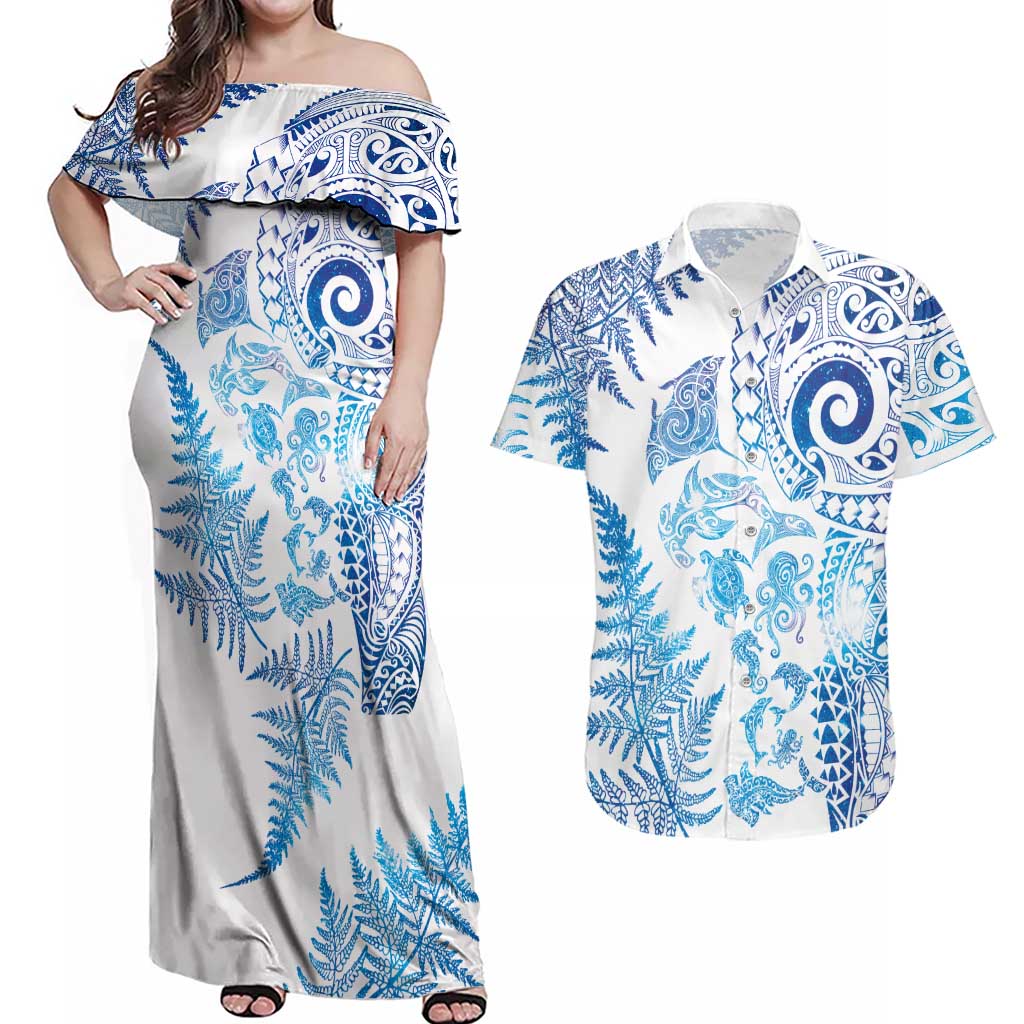 New Zealand Sea Animals Couples Matching Off Shoulder Maxi Dress and Hawaiian Shirt with Maori Koru Tribal Tattoo and Silver Ferns Galaxy Style