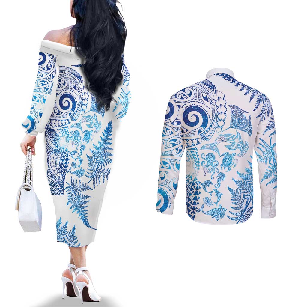 New Zealand Sea Animals Couples Matching Off The Shoulder Long Sleeve Dress and Long Sleeve Button Shirt with Maori Koru Tribal Tattoo and Silver Ferns Galaxy Style