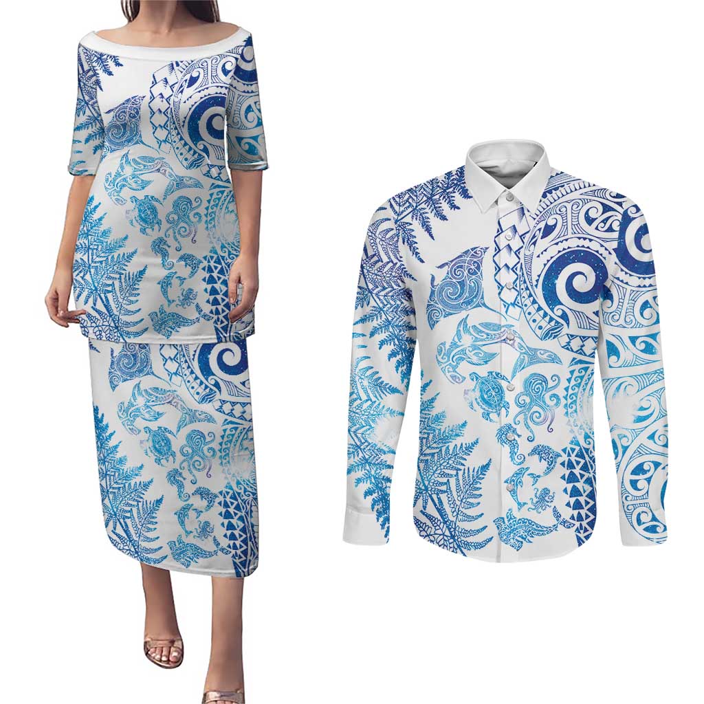 New Zealand Sea Animals Couples Matching Puletasi and Long Sleeve Button Shirt with Maori Koru Tribal Tattoo and Silver Ferns Galaxy Style