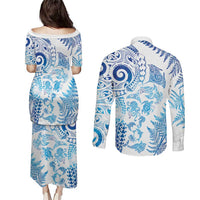 New Zealand Sea Animals Couples Matching Puletasi and Long Sleeve Button Shirt with Maori Koru Tribal Tattoo and Silver Ferns Galaxy Style