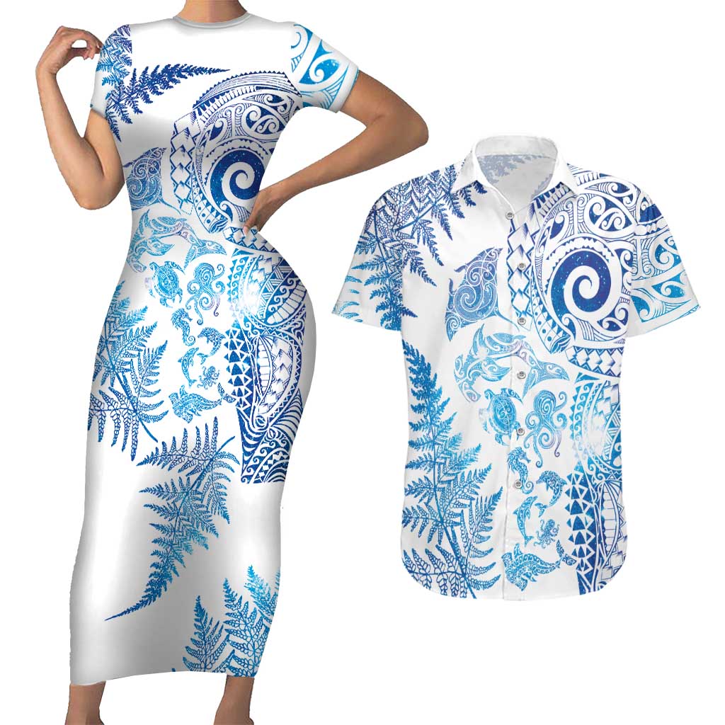New Zealand Sea Animals Couples Matching Short Sleeve Bodycon Dress and Hawaiian Shirt with Maori Koru Tribal Tattoo and Silver Ferns Galaxy Style