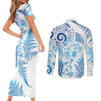New Zealand Sea Animals Couples Matching Short Sleeve Bodycon Dress and Long Sleeve Button Shirt with Maori Koru Tribal Tattoo and Silver Ferns Galaxy Style