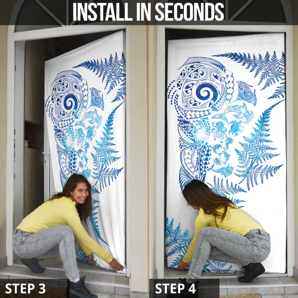 New Zealand Sea Animals Door Cover with Maori Koru Tribal Tattoo and Silver Ferns Galaxy Style