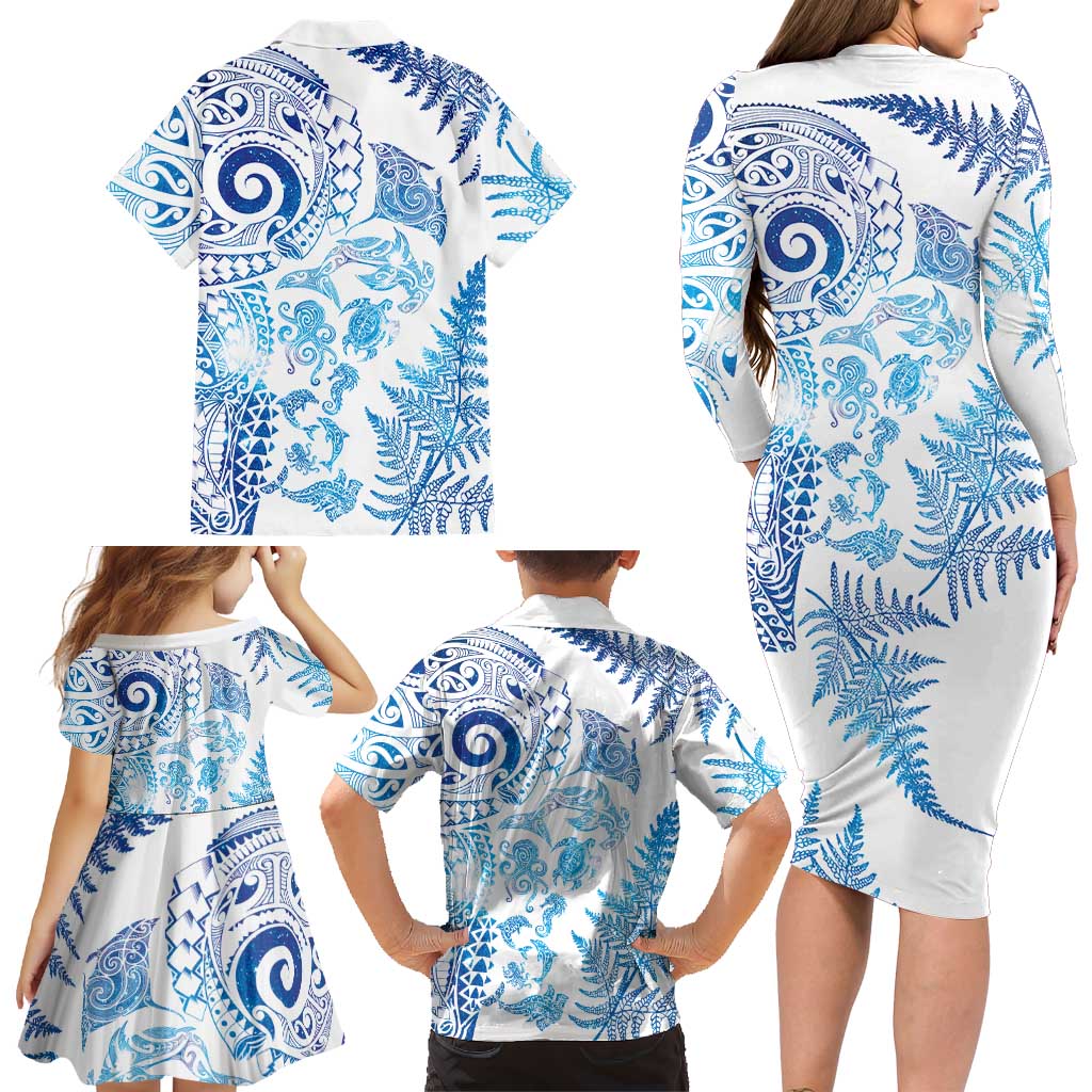 New Zealand Sea Animals Family Matching Long Sleeve Bodycon Dress and Hawaiian Shirt with Maori Koru Tribal Tattoo and Silver Ferns Galaxy Style