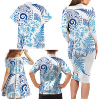 New Zealand Sea Animals Family Matching Long Sleeve Bodycon Dress and Hawaiian Shirt with Maori Koru Tribal Tattoo and Silver Ferns Galaxy Style