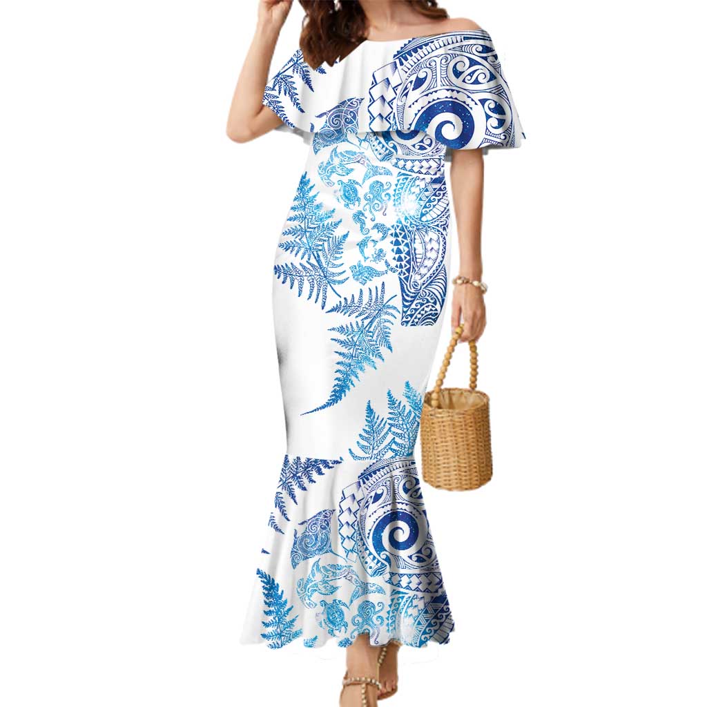 New Zealand Sea Animals Family Matching Mermaid Dress and Hawaiian Shirt with Maori Koru Tribal Tattoo and Silver Ferns Galaxy Style