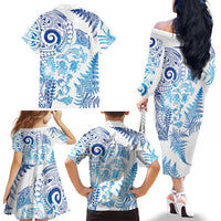 New Zealand Sea Animals Family Matching Off The Shoulder Long Sleeve Dress and Hawaiian Shirt with Maori Koru Tribal Tattoo and Silver Ferns Galaxy Style