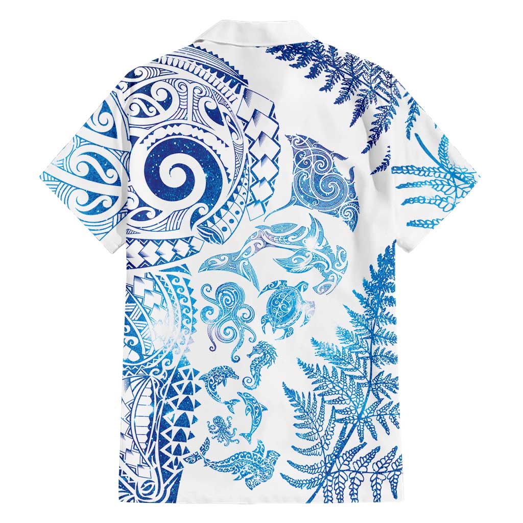 New Zealand Sea Animals Family Matching Off The Shoulder Long Sleeve Dress and Hawaiian Shirt with Maori Koru Tribal Tattoo and Silver Ferns Galaxy Style