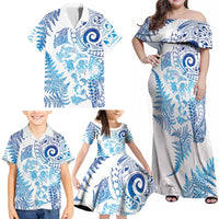 New Zealand Sea Animals Family Matching Off Shoulder Maxi Dress and Hawaiian Shirt with Maori Koru Tribal Tattoo and Silver Ferns Galaxy Style