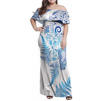 New Zealand Sea Animals Family Matching Off Shoulder Maxi Dress and Hawaiian Shirt with Maori Koru Tribal Tattoo and Silver Ferns Galaxy Style
