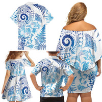New Zealand Sea Animals Family Matching Off Shoulder Short Dress and Hawaiian Shirt with Maori Koru Tribal Tattoo and Silver Ferns Galaxy Style