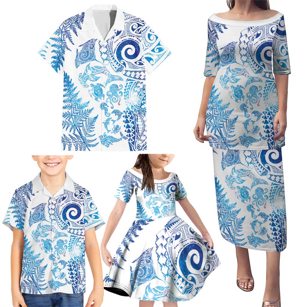 New Zealand Sea Animals Family Matching Puletasi and Hawaiian Shirt with Maori Koru Tribal Tattoo and Silver Ferns Galaxy Style LT03 - Polynesian Pride