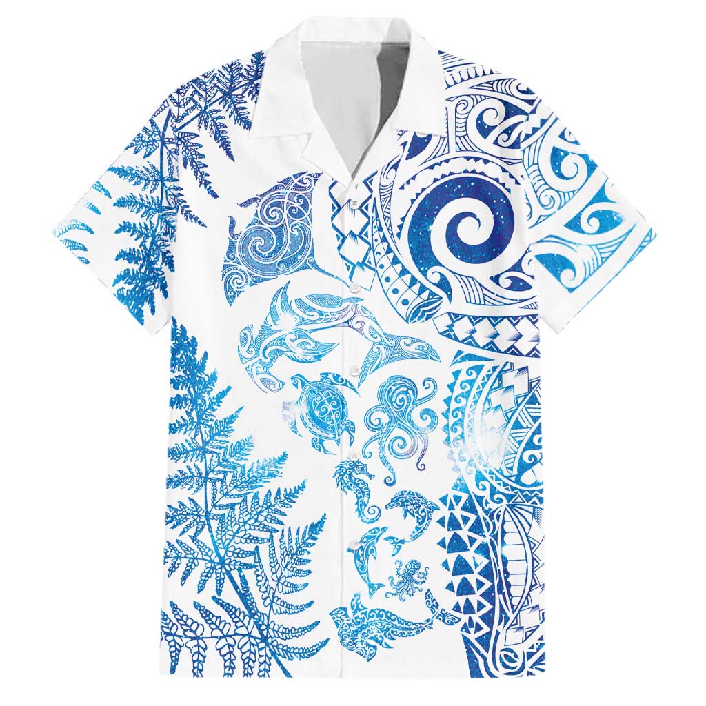 New Zealand Sea Animals Family Matching Short Sleeve Bodycon Dress and Hawaiian Shirt with Maori Koru Tribal Tattoo and Silver Ferns Galaxy Style