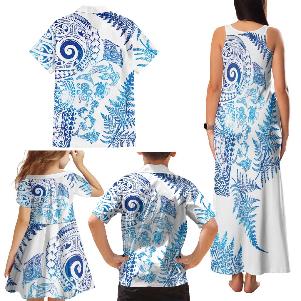 New Zealand Sea Animals Family Matching Tank Maxi Dress and Hawaiian Shirt with Maori Koru Tribal Tattoo and Silver Ferns Galaxy Style
