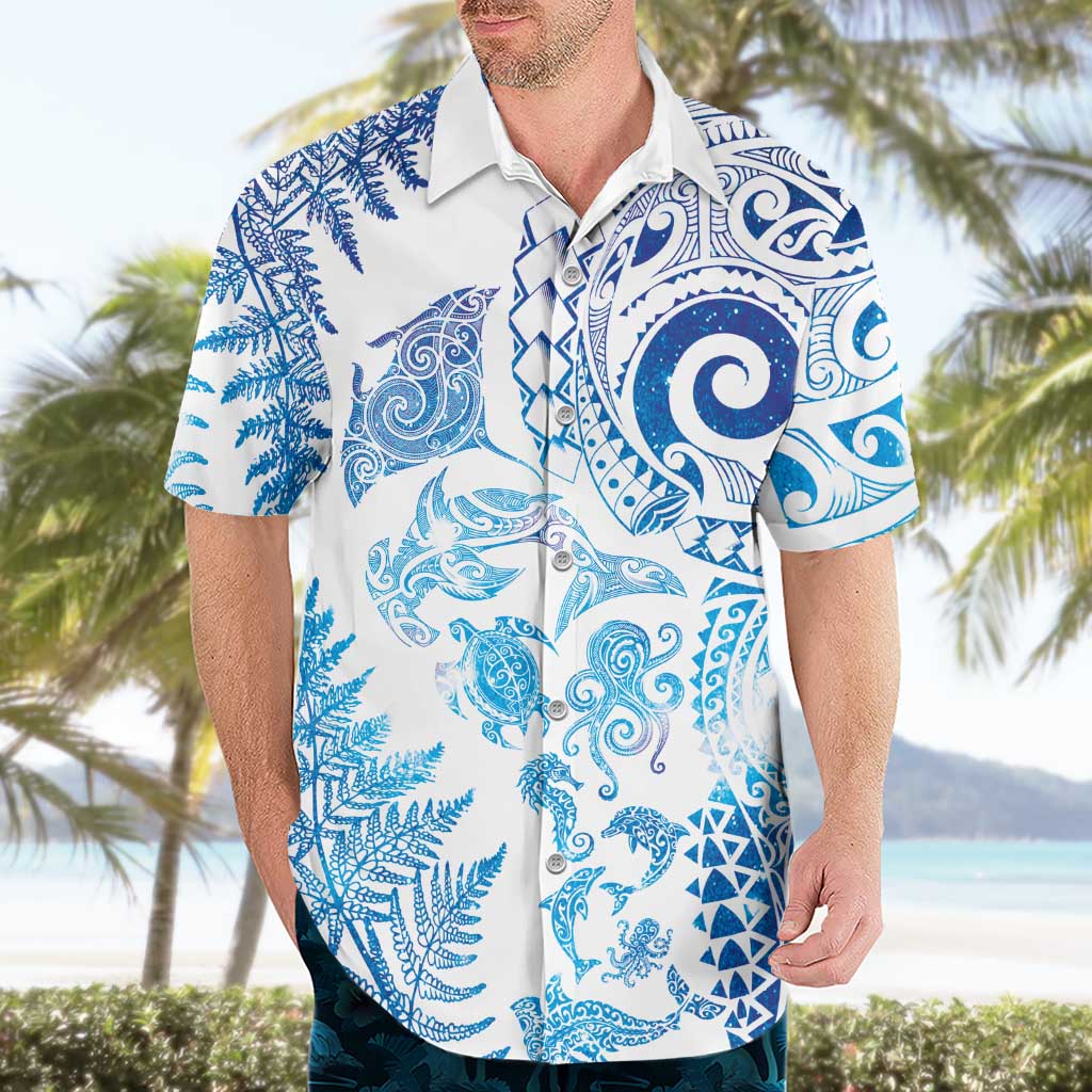 New Zealand Sea Animals Hawaiian Shirt with Maori Koru Tribal Tattoo and Silver Ferns Galaxy Style